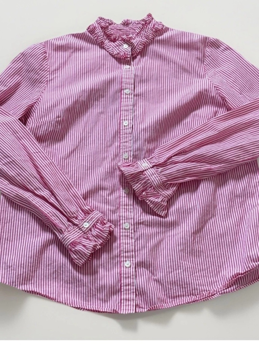 J. Crew Pink and White preppy Striped Ruffle Collar Button-Down Blouse